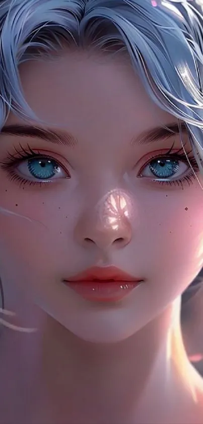 Anime character with blue eyes and soft lighting.