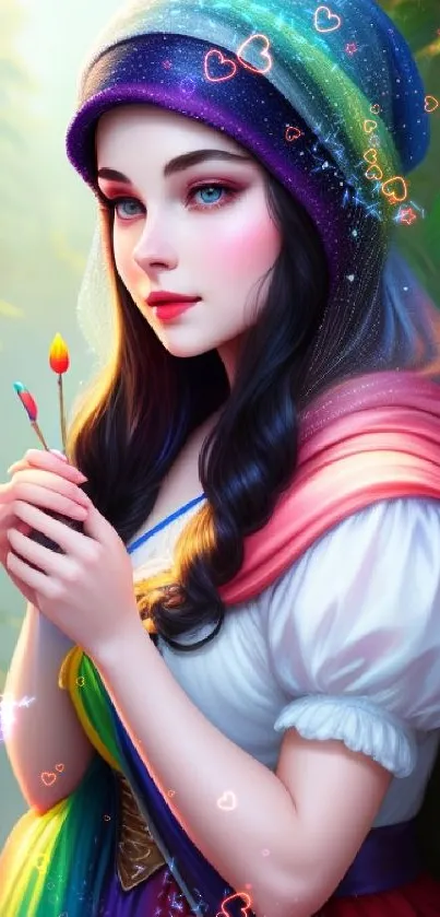 Vibrant fantasy portrait of a woman with colorful attire in a nature scene.