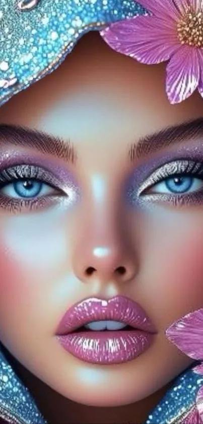 Fantasy portrait with blue eyes and floral elements.