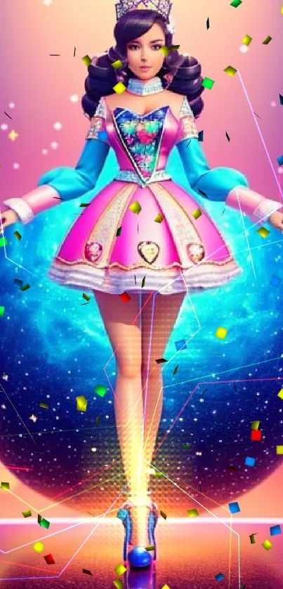 Fantasy princess in a neon pink dress against a cosmic background.