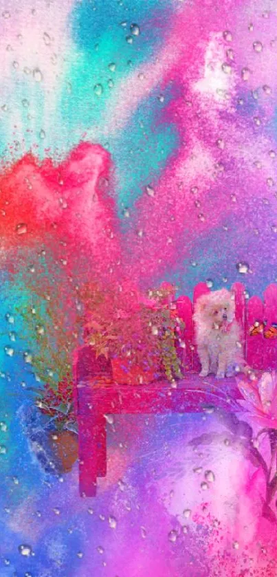 Vibrant puppy fantasy wallpaper with a purple and pink dreamlike scene.