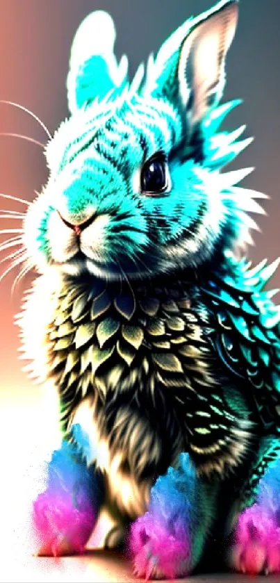 Fantasy rabbit with vibrant blue and purple colors on mobile wallpaper.