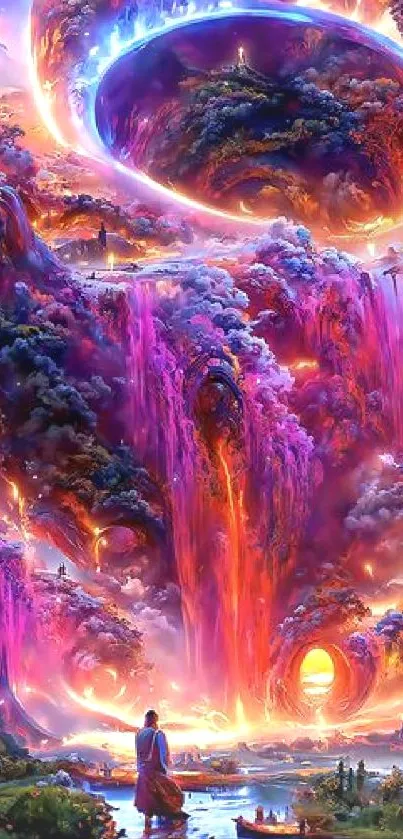 Vibrant fantasy landscape with waterfalls and swirling skies.