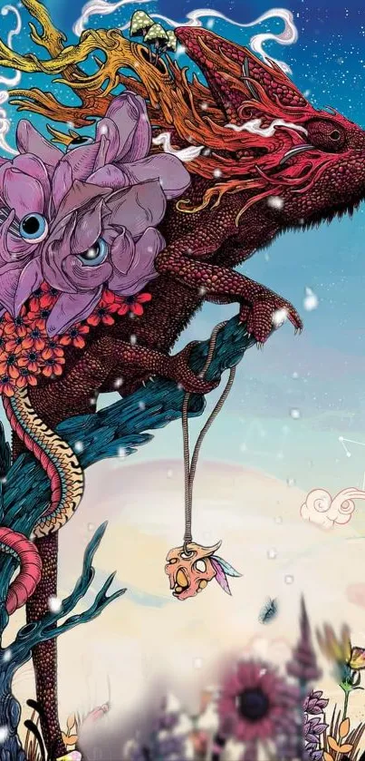 Colorful fantasy reptile art with floral accents.