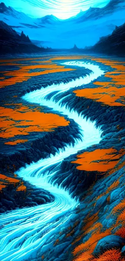 Fantasy wallpaper with vibrant blue river and orange terrain.