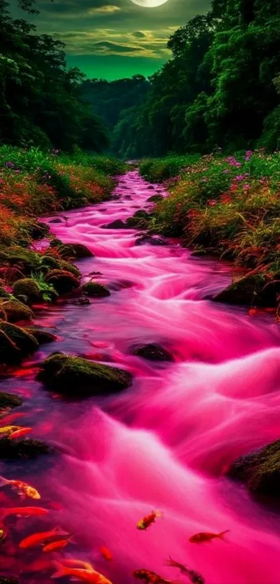 Vibrant pink river stream with greenery and colorful fish.