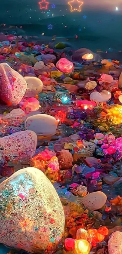 Vibrant rock beach with colorful glowing pebbles at night.