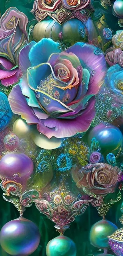 Colorful fantasy rose with vibrant teal hues in intricate design.