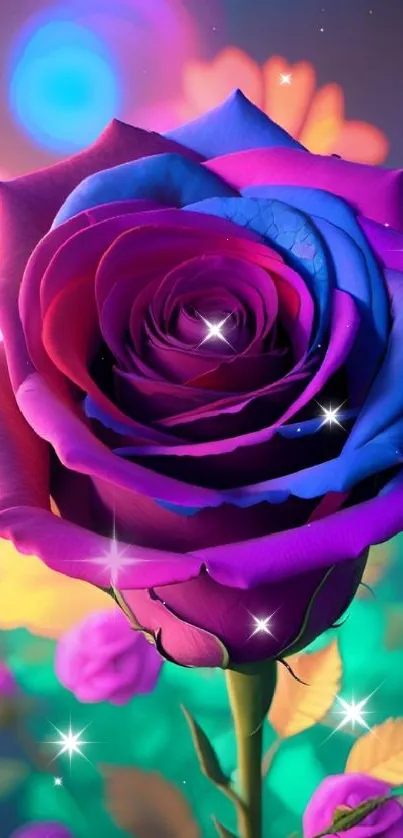 Fantasy purple rose with vibrant colors in artistic background.