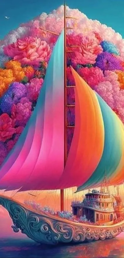 Vibrant fantasy sailboat with colorful flowers and dreamy clouds.