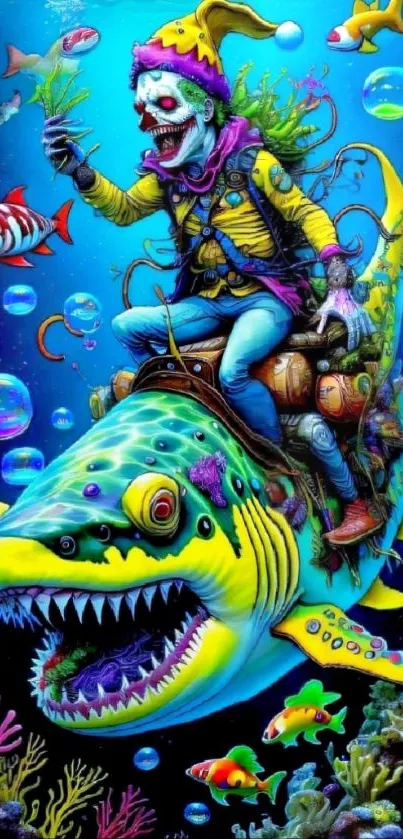 Fantasy artwork of clown riding a shark in colorful ocean scene.