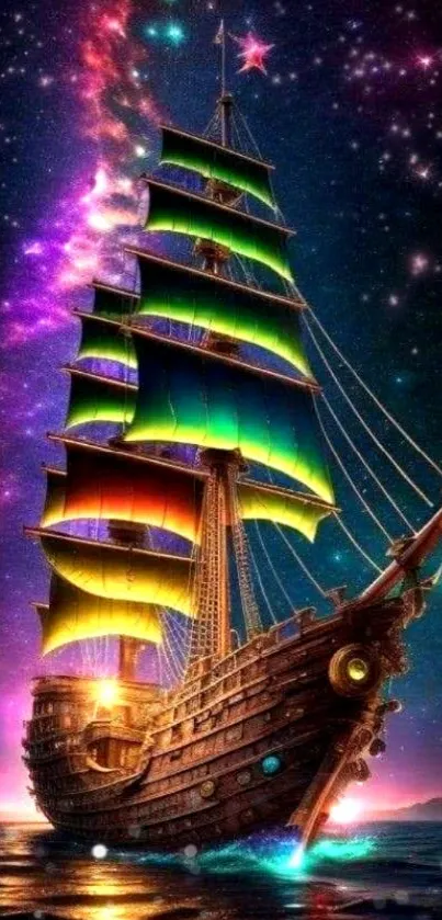 Vibrant ship with colorful sails under a starry night sky.