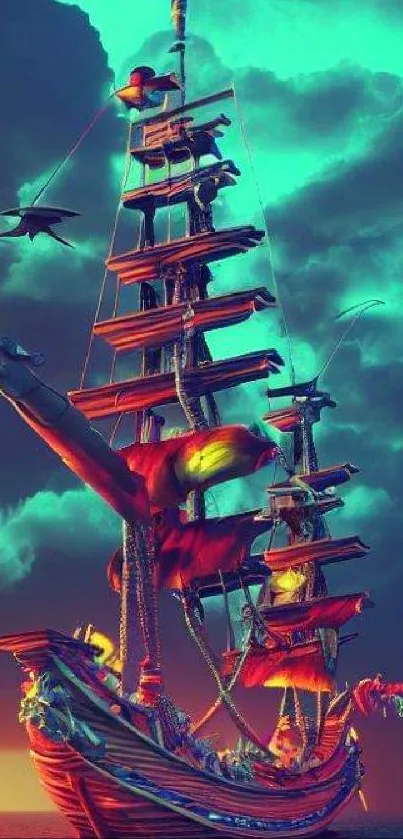 Colorful fantasy ship wallpaper with vibrant skies.