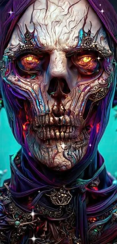 Intricate vibrant fantasy skull art wallpaper with teal and purple hues.