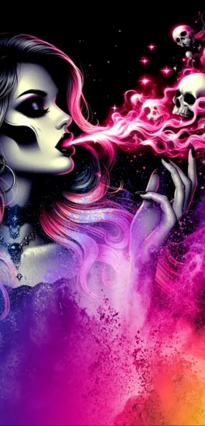 Vibrant fantasy art wallpaper with colorful skull motif.