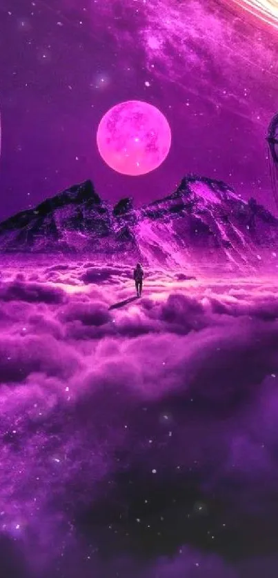 Fantasy scene with purple sky and hot air balloons.