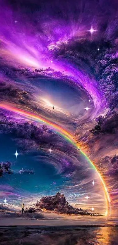 Fantasy sky with vibrant purple clouds and rainbow arc in a stunning mobile wallpaper.