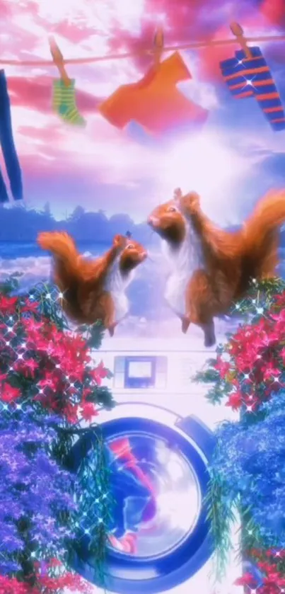 Whimsical squirrels in colorful landscape with washing machine.