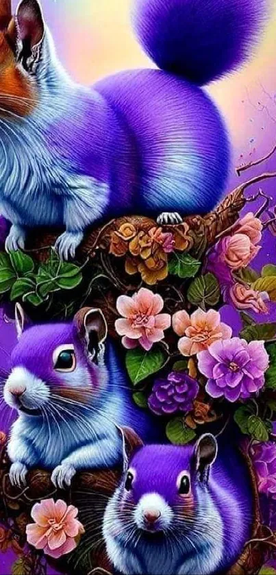 Purple fantasy squirrels in a floral scene, ideal for vibrant phone wallpaper.