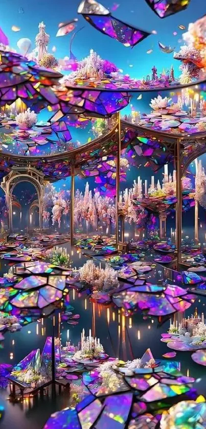 Vibrant fantasy stained glass landscape mobile wallpaper.