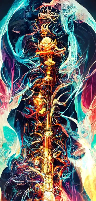 Vibrant fantasy sword with swirling colors and mystical elements.