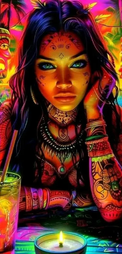 Vibrant artwork of a tattooed woman in a neon setting.