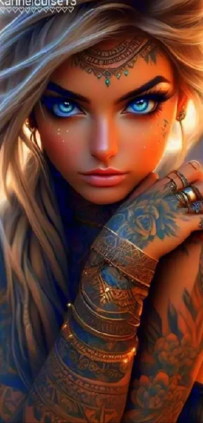 Fantasy character with vibrant tattoos in vibrant colors.