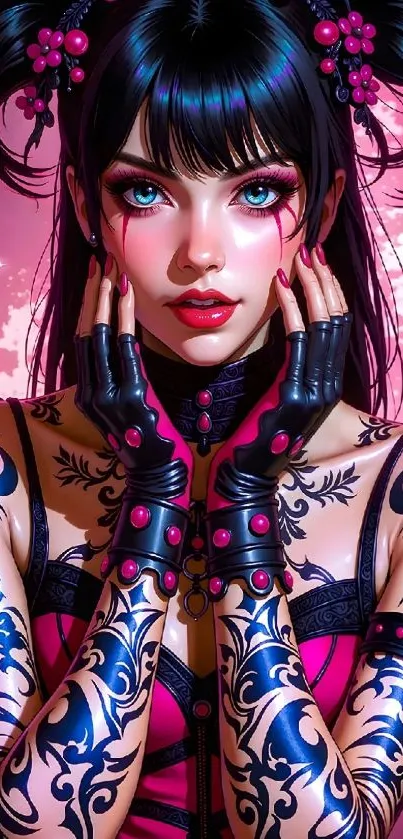 Anime-style tattooed character with vibrant colors.