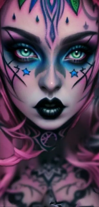 Fantasy character with neon tattoos and green eyes on a vibrant wallpaper.