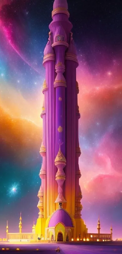 Majestic purple tower against a cosmic sky with vibrant colors.