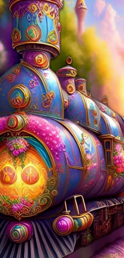 Colorful fantasy train with intricate design and vibrant colors in a dreamy landscape.