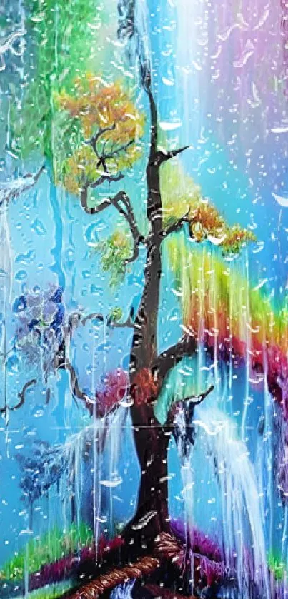 Vibrant fantasy tree with colorful rain and mystical landscape.