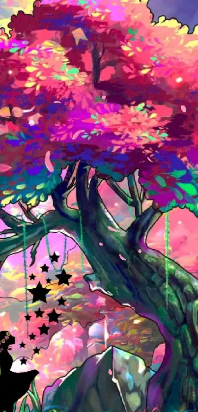 Fantasy tree with colorful leaves and whimsical scene.