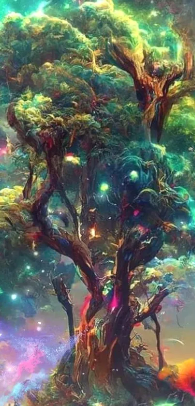 Colorful fantasy tree in a cosmic dreamscape wallpaper.