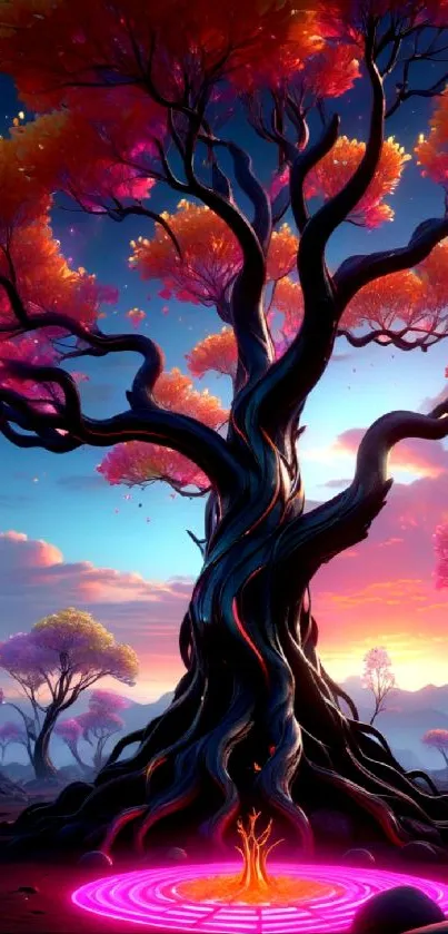 Vibrant fantasy tree wallpaper with colorful sky background.