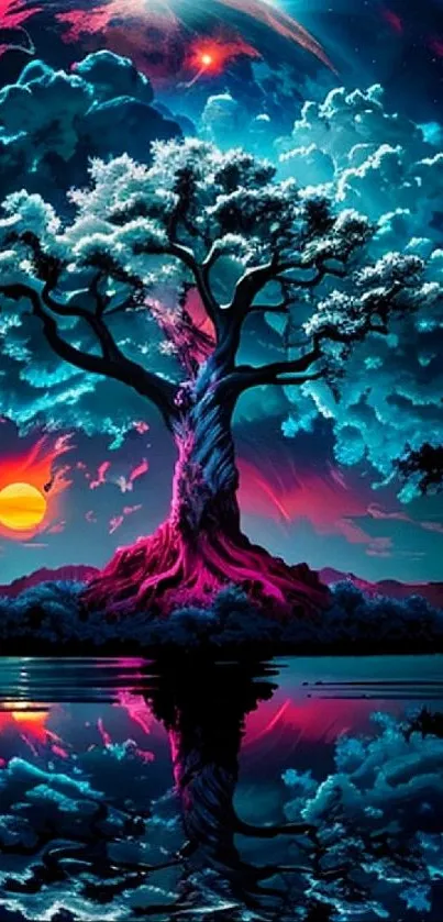 Vividly colorful tree under cosmic sky, reflecting on serene water.