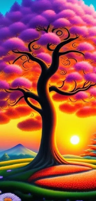 Colorful fantasy tree at sunset on vibrant mobile wallpaper.
