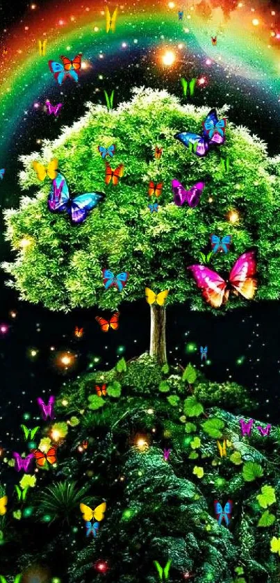 Fantasy tree with butterflies and rainbow sky.