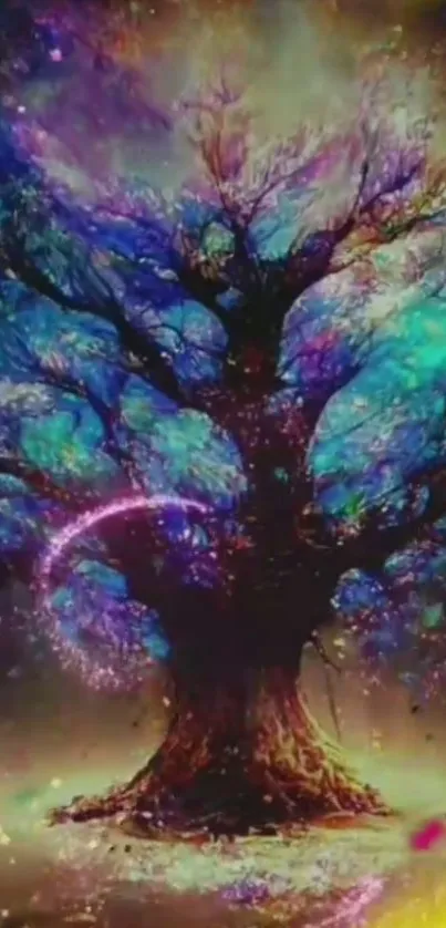 Vibrant fantasy tree with mystical colors and artistic design.