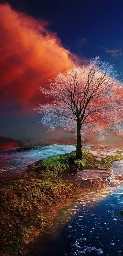 Surreal landscape wallpaper with vibrant colors and lone tree.