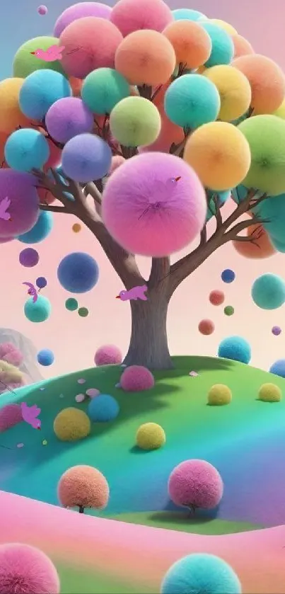 A vibrant, whimsical tree of colorful spheres on a pastel hillside in a fantasy landscape.