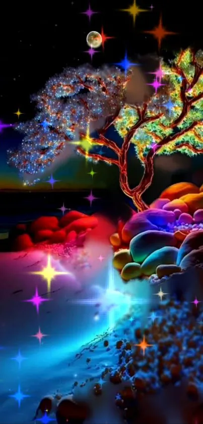 Vibrant fantasy landscape with stars and colorful tree on mobile wallpaper.