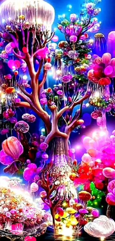 Fantasy tree wallpaper with vibrant colors and glowing elements.