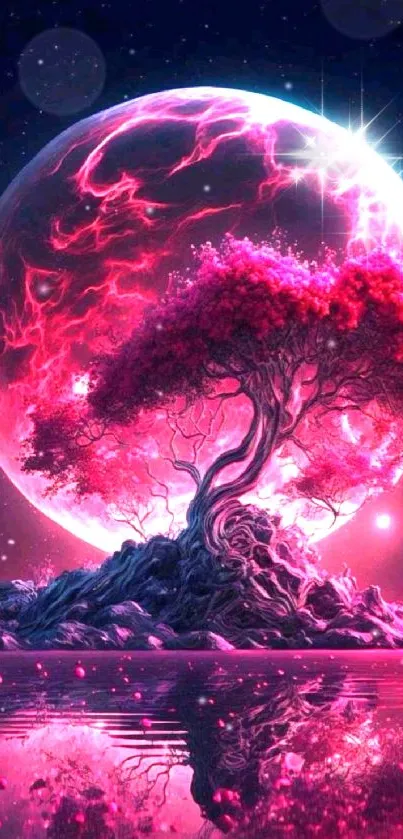 Fantasy landscape with glowing pink moon and mystical tree.