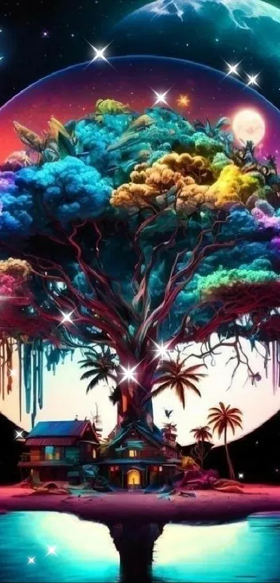 Colorful fantasy tree with moon in vibrant night scene.