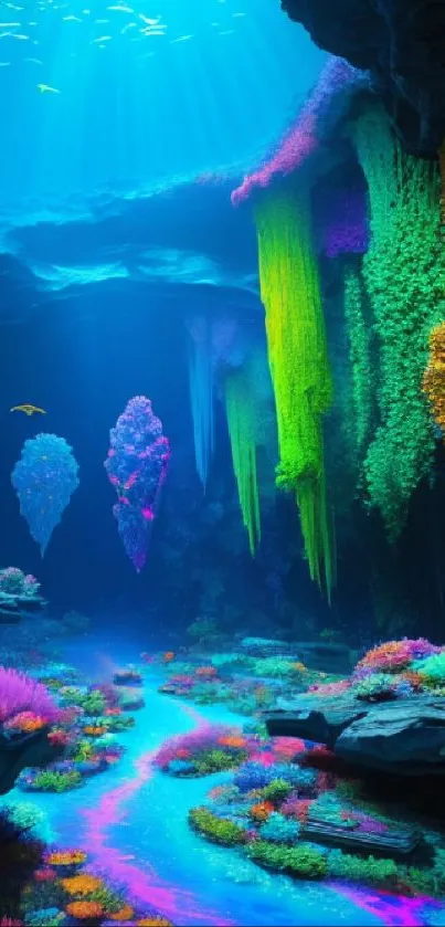 Vibrant underwater cave with colorful corals and mystical lighting.