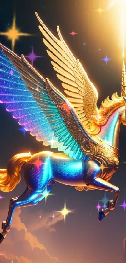 Majestic unicorn with colorful wings in a fantasy night sky.