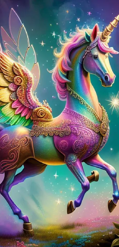 Vibrant fantasy unicorn with golden wings.