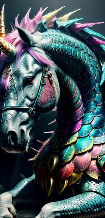 Vibrant unicorn with colorful scales in a mystical fantasy art scene.