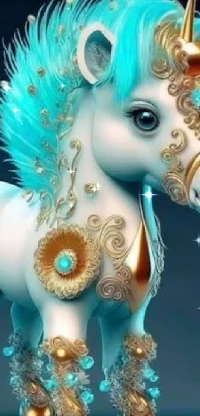 Intricately designed turquoise unicorn with golden embellishments.